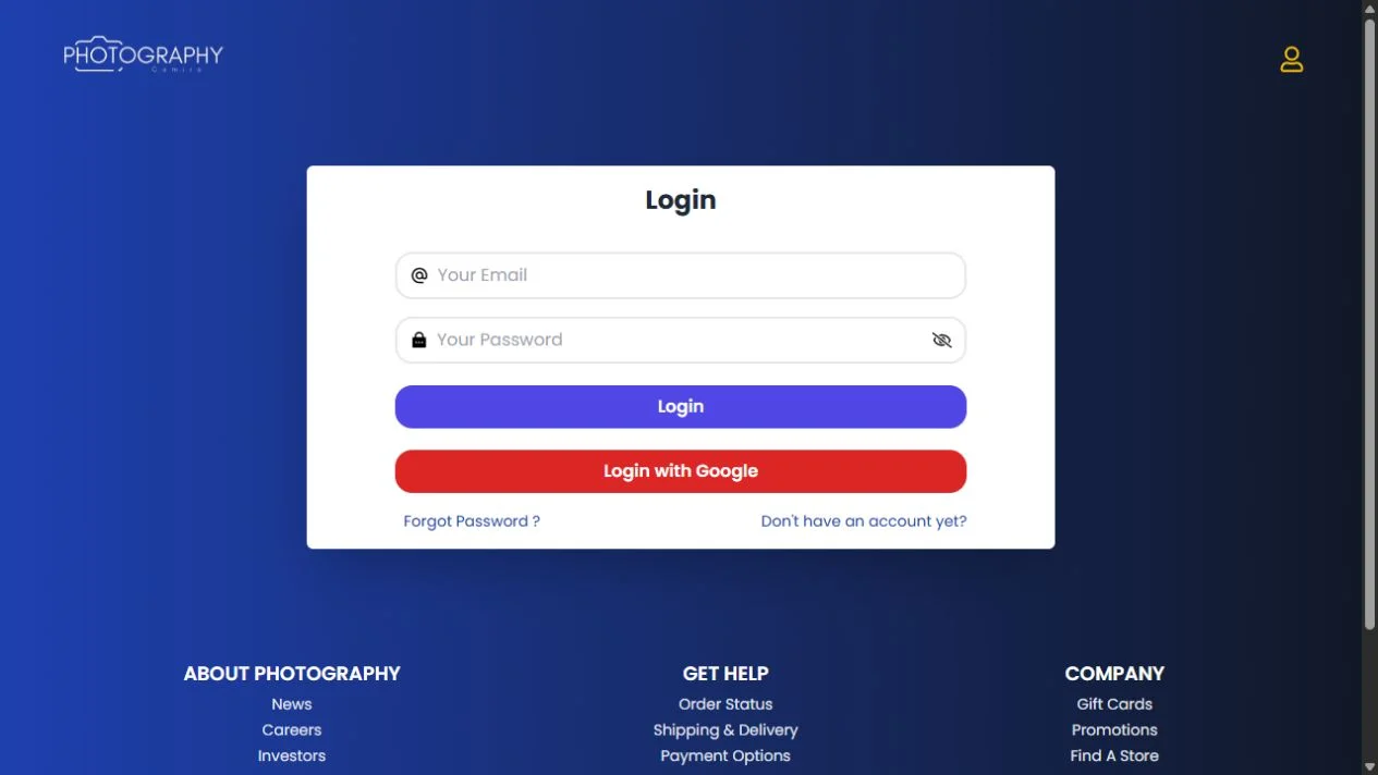 Photography public login screen